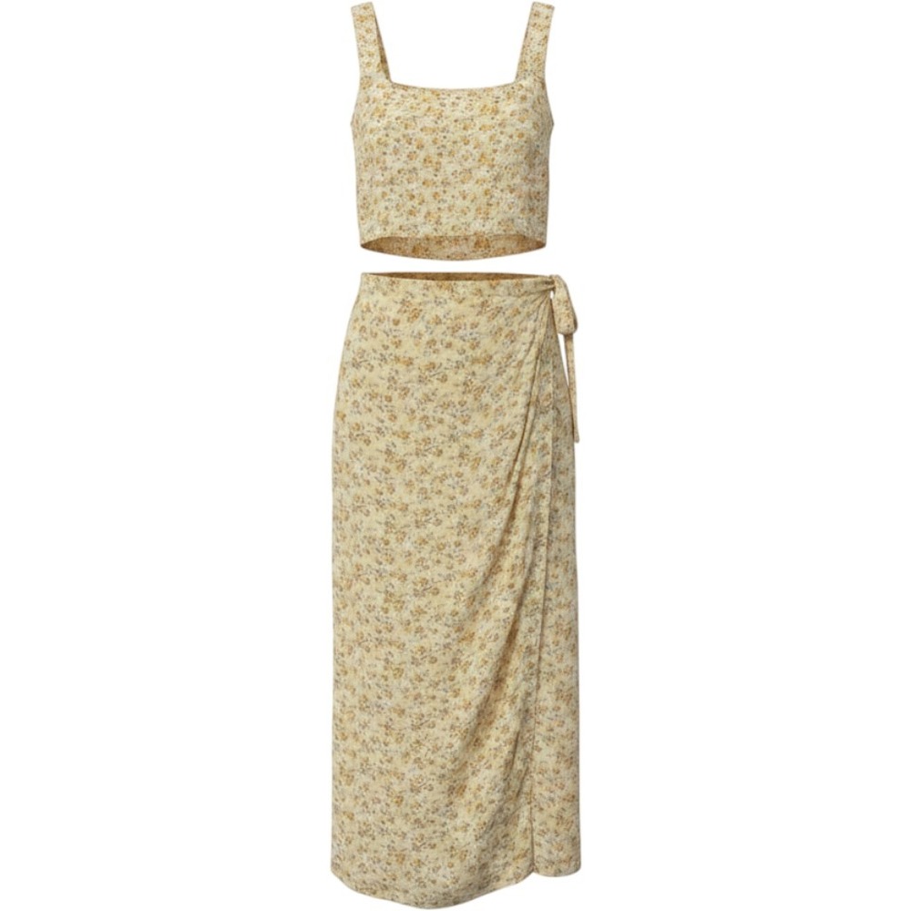 Vintage Code One Yellow Floral Rayon 2 PC Set Tank Top Midi Wrap Skirt Womens S